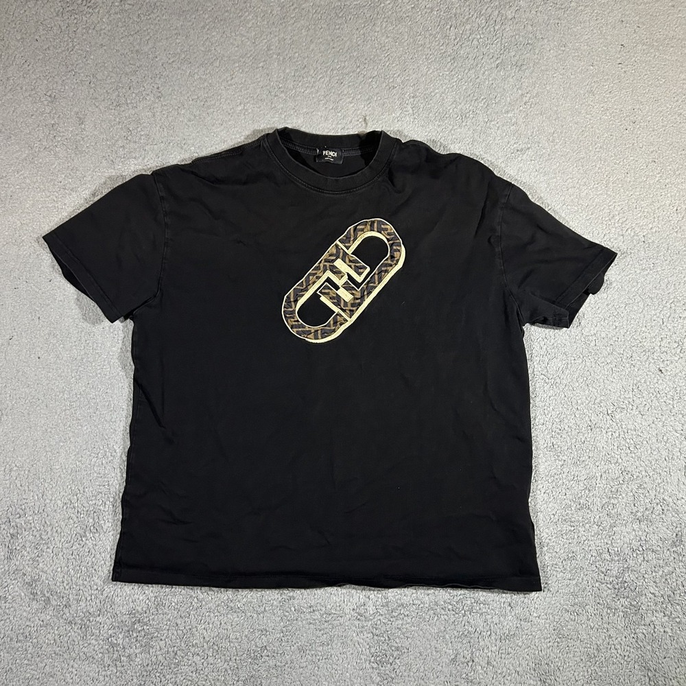 Fendi Mens 2XL Black Short Sleeve Crew Neck Chain-link Graphic Logo T-Shirt#3951